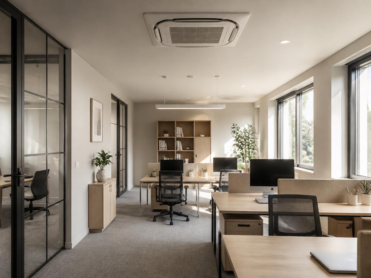 Modern office interior with a ceiling cassette air conditioning unit