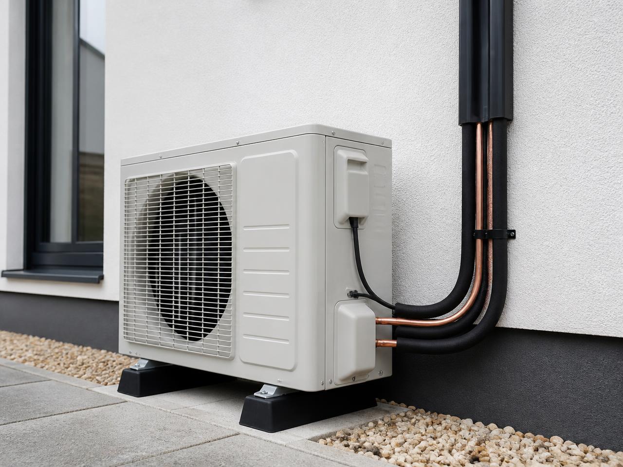 Neatly installed refrigerant pipework beside an outdoor condenser unit at a modern home